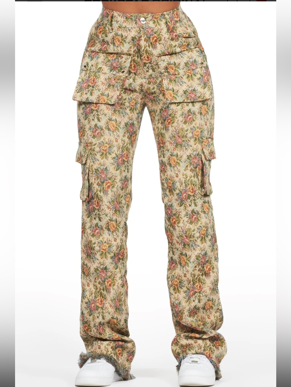 Floral Tapestry Cargo Niyah Tan Frayed Pant